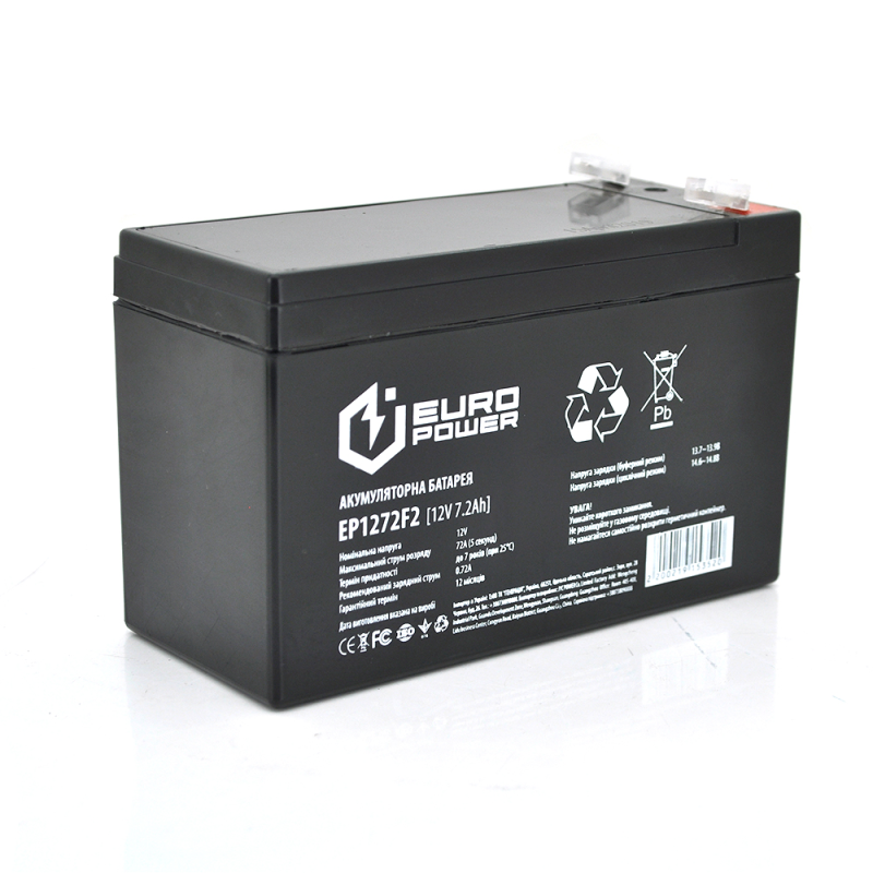 Акумуляторна батарея EUROPOWER AGM EP12-7.2F2 12 V 7,2 Ah Black Q10