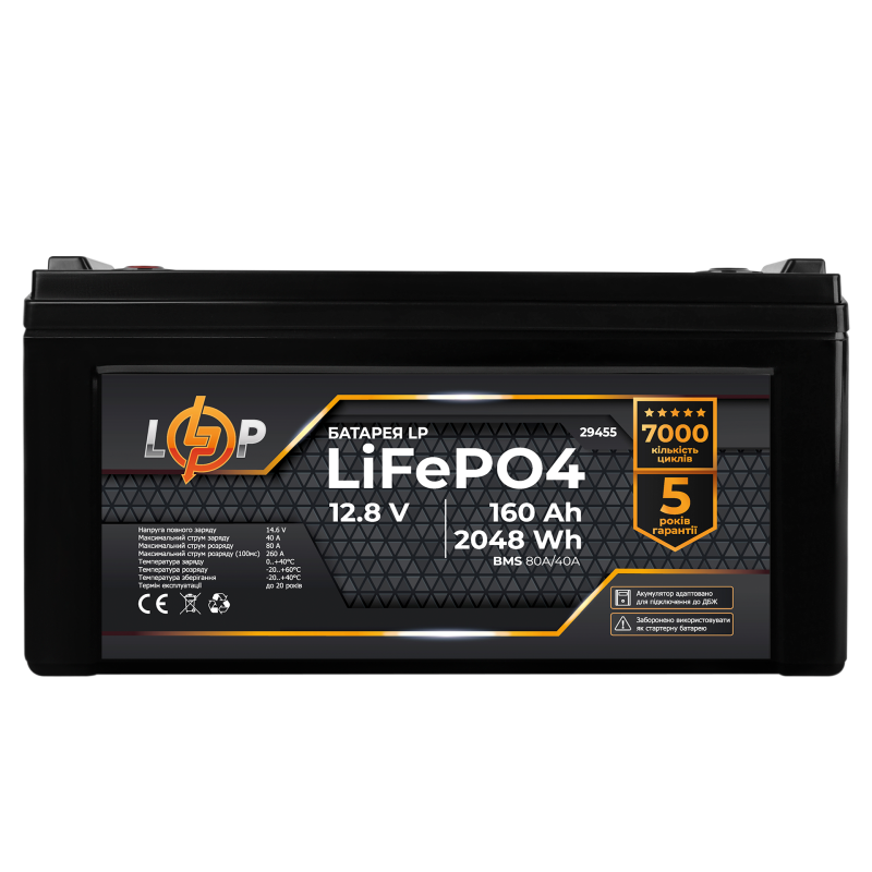 Акумулятор LP LiFePO4 12,8V - 160 Ah (2048Wh) (BMS 80A/40А) пластик для ДБЖ
