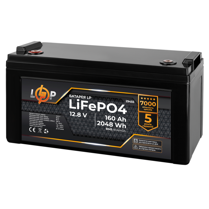 Акумулятор LP LiFePO4 12,8V - 160 Ah (2048Wh) (BMS 80A/40А) пластик для ДБЖ