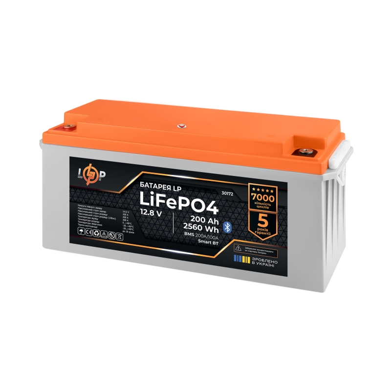 Акумулятор LP LiFePO4 12,8V - 200 Ah (2560Wh) (BMS 200A/100А) пластик Smart BT