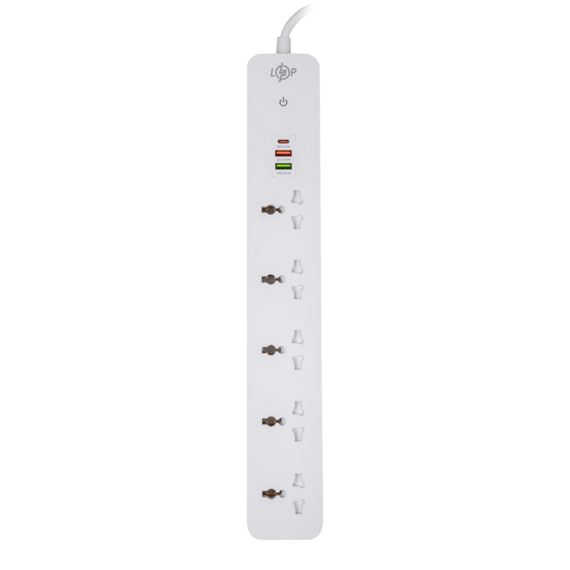 Мережевий фільтр (подовжувач) LogicPower (5x220V-2500W, 1xUSB-38W/PD/QC3.0, 1xType-C 20W, 1xUSB 18W)