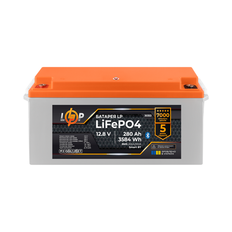 Акумулятор LP LiFePO4 12,8V - 280 Ah (3584Wh) (BMS 200A/100А) пластик Smart BT