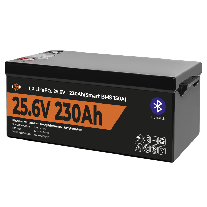 Акумулятор LP LiFePO4 25,6V - 230 Ah (5888Wh) (Smart BMS 150А) з BT пластик
