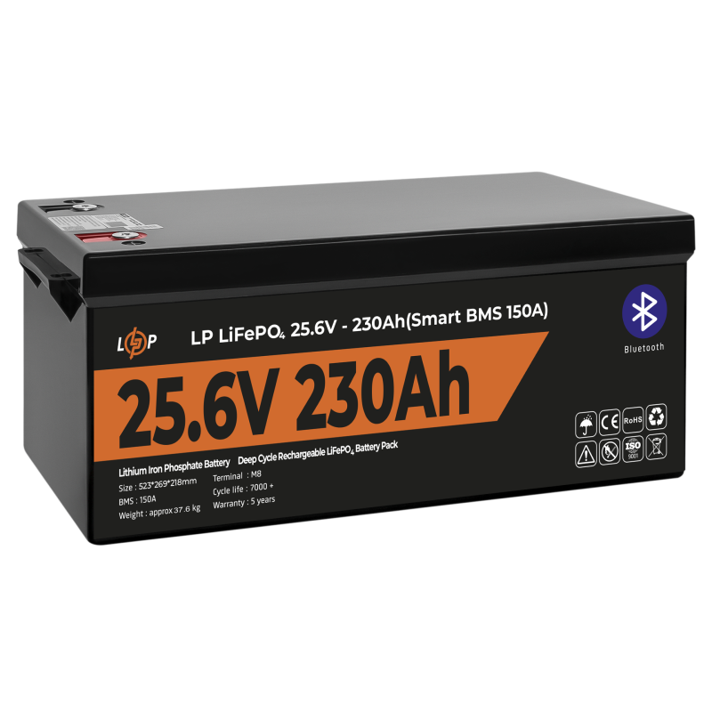 Акумулятор LP LiFePO4 25,6V - 230 Ah (5888Wh) (Smart BMS 150А) з BT пластик