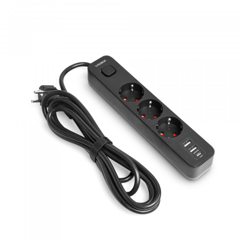 Мережевий подовжувач VIDEX ONCORD з/з 3п 3м (3x1.5мм) 2.4А 2USB+USB-C з кнопкою Black