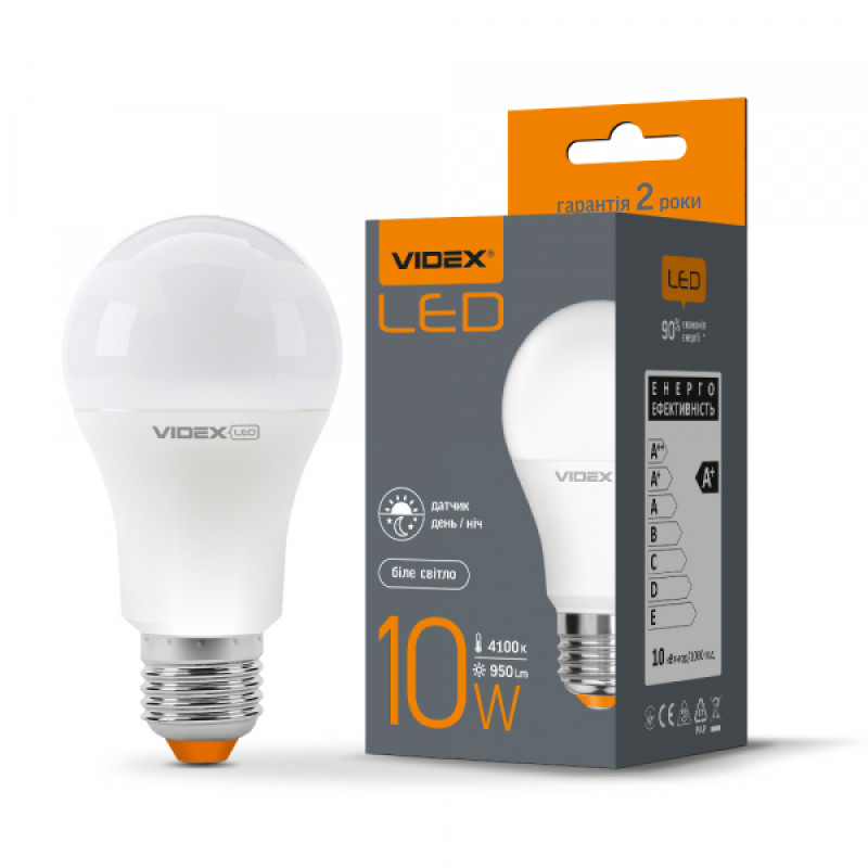 Сенсор LED лампа VIDEX A60e 10W E27 4100K з сенсором освітленості