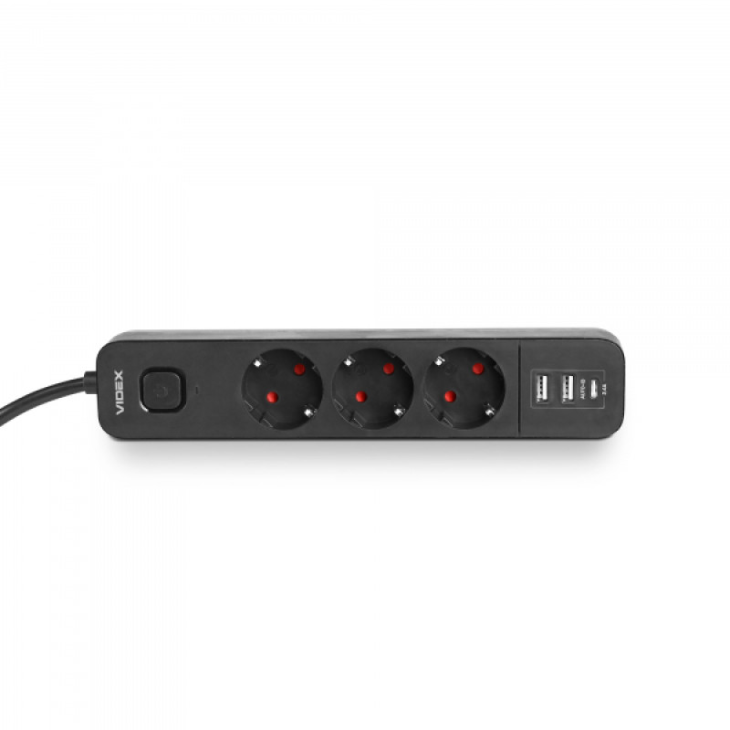 Мережевий подовжувач VIDEX ONCORD з/з 3п 3м (3x1.5мм) 2.4А 2USB+USB-C з кнопкою Black