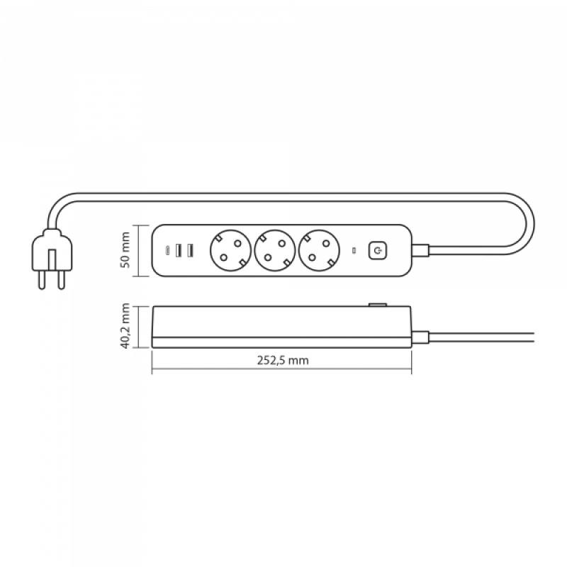 Мережевий подовжувач VIDEX ONCORD з/з 3п 3м (3x1.5мм) 2.4А 2USB+USB-C з кнопкою Black