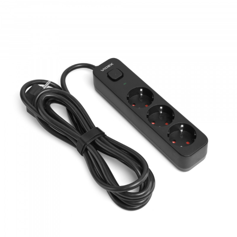 Мережевий подовжувач VIDEX ONCORD з/з 3п 3м (3x1.5мм) з кнопкою Black
