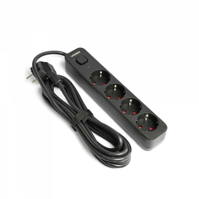 Мережевий подовжувач VIDEX ONCORD з/з 4п 3м (3x1.5мм) з кнопкою Black