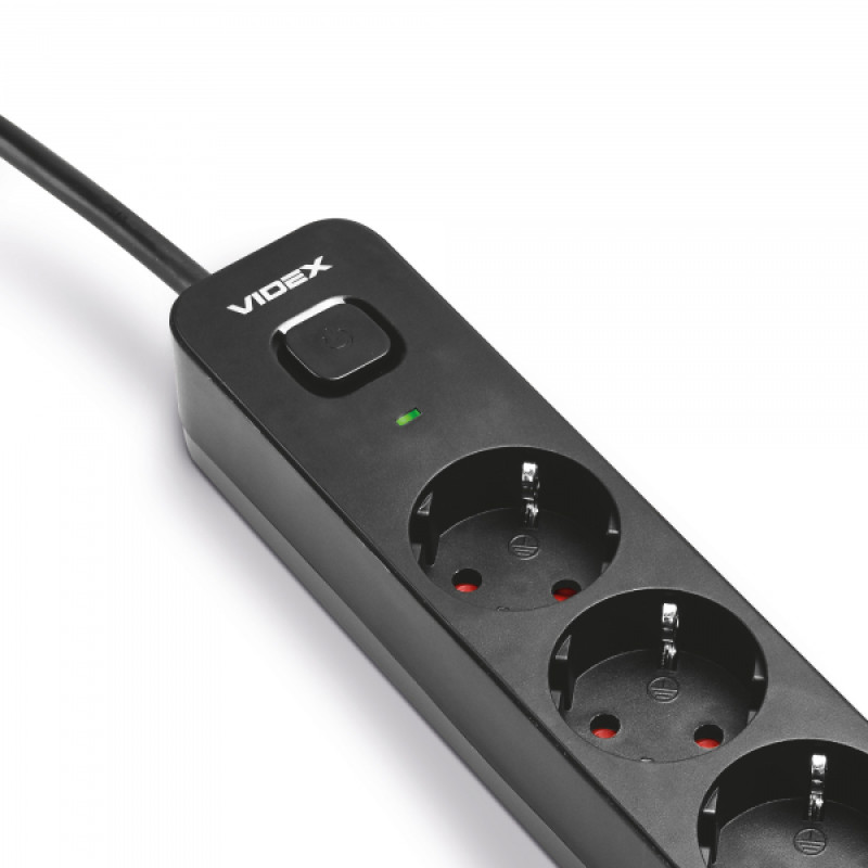Мережевий подовжувач VIDEX ONCORD з/з 4п 3м (3x1.5мм) з кнопкою Black