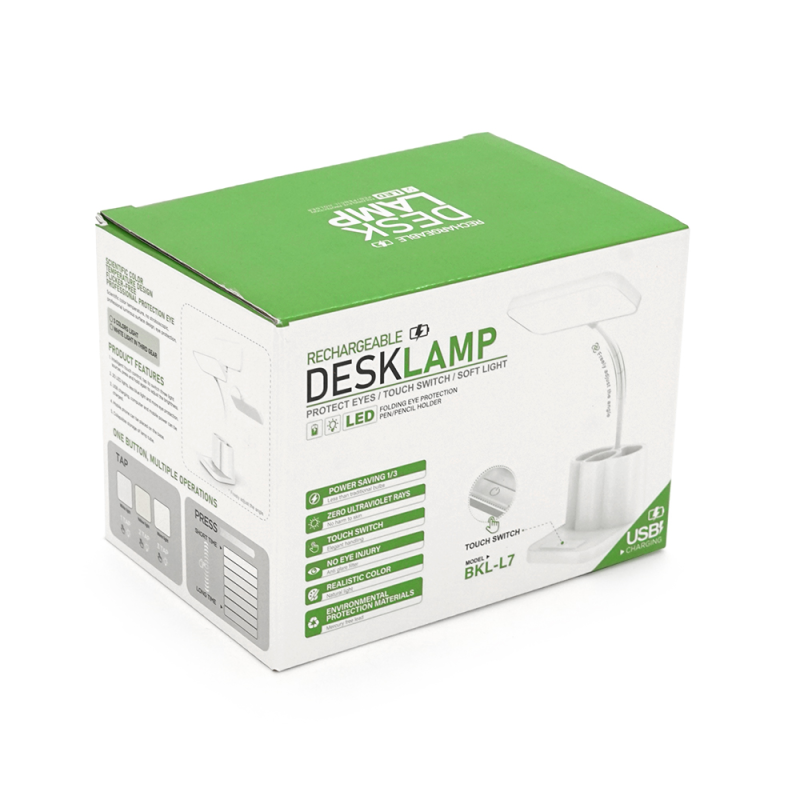 Гнучка настільна лампа BKL-L7 з органайзером, 3 режими (білий+теплий білий), сенсорне включення, вбудований акум 500mAh, 15х6 см, 290г, White, Box