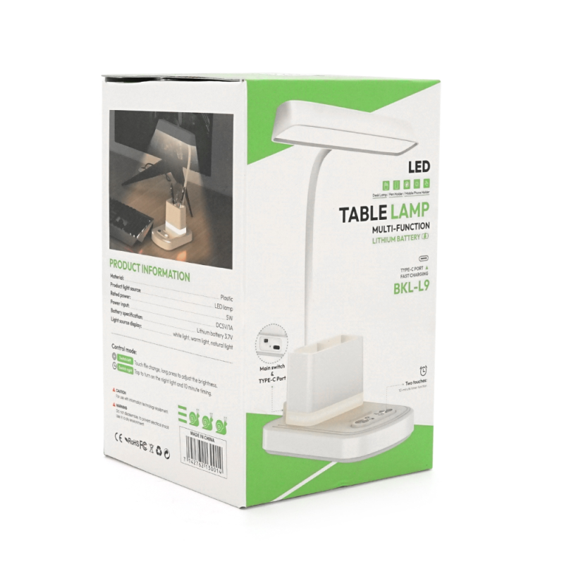 Гнучка настільна лампа BKL-L9 з органайзером, 3+ 1режим (білий+теплий білий), сенсорне включення, вбудований акум 500mAh, 17х4 см, 350г, White, Box
