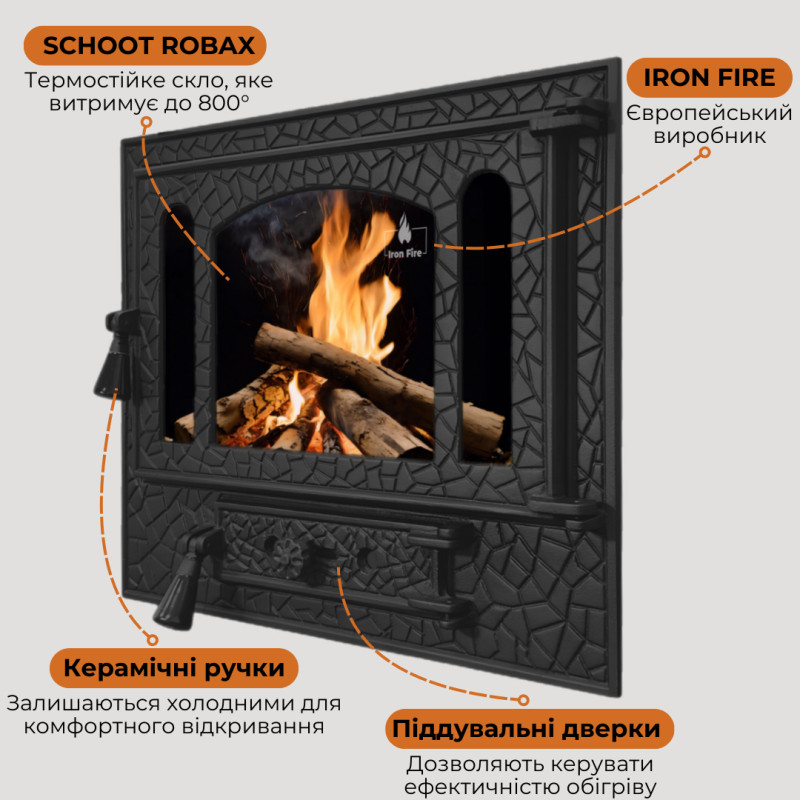 Дверцята чавунні для каміна з вогнетривким склом Iron Fire Дверцята топкові чавунні Panorama 580х500 мм