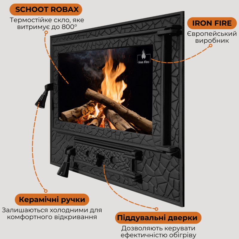 Дверцята чавунні для каміна з вогнетривким склом Iron Fire Дверцята топкові чавунні Panorama Lux 580х500 мм