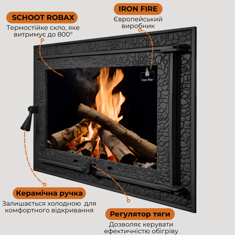 Дверцята чавунні для каміна з вогнетривким склом Iron Fire Дверцята топкові чавунні Magnus 700х500 мм