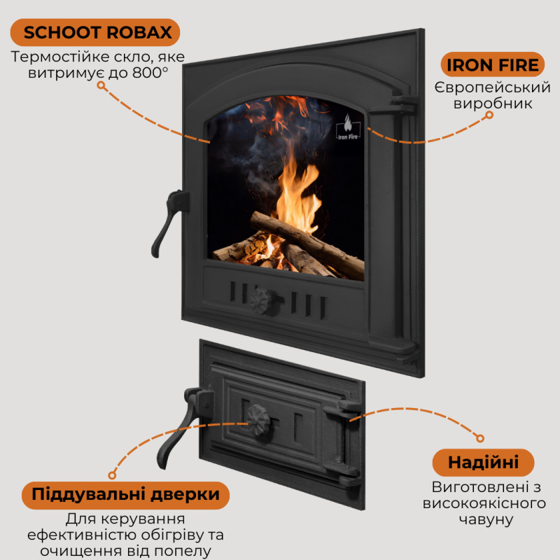 Комплект чавунні дверцята з вогнетривким склом Iron Fire Style 50 485х485 мм + піддувальні 315х165 мм