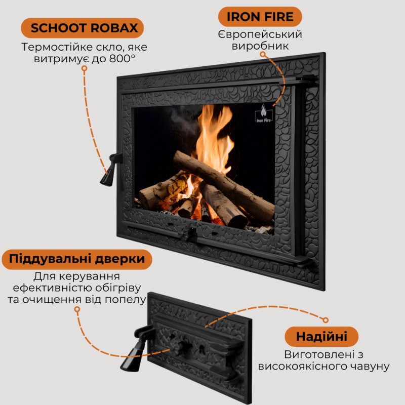Комплект чавунні дверцята з вогнетривким склом Iron Fire Magnus 700x500 мм + піддувальні 375x175 мм