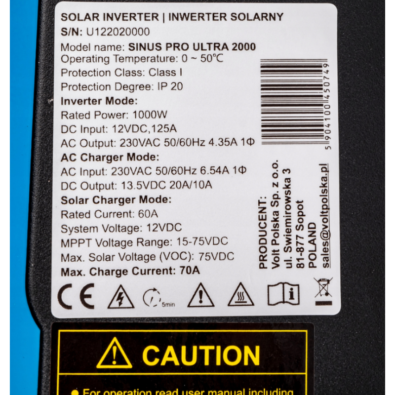 Сонячний інвертор Volt Polska ULTRA-HV 2000 12/230V (1000/2000W) + 60A MPPT (75V) (3SSH100012)