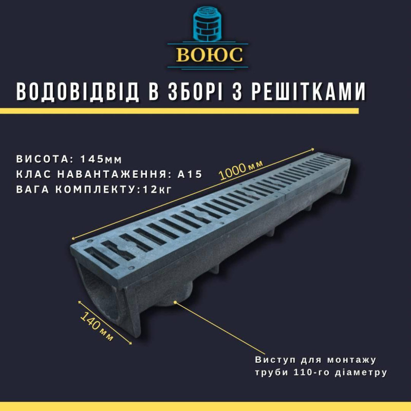 Водовідвід в зборі з чорними решітками (А15)