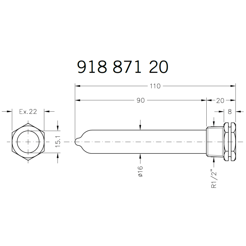 Гільза під датчик температури 1/2", 15х16мм, L=110мм, три зонди