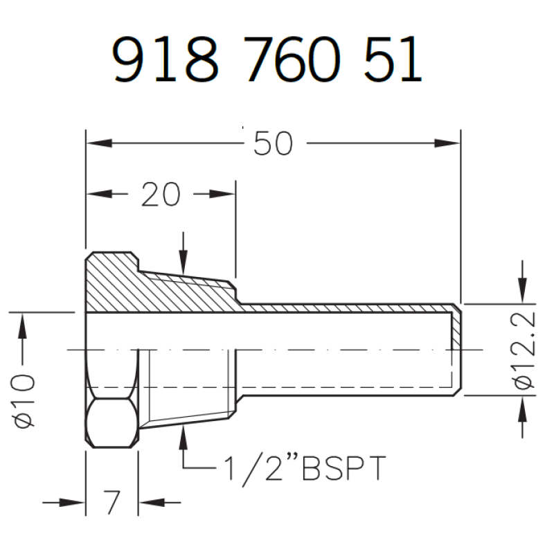 Гільза під датчик температури 1/2", 10х12,2мм, L=50мм, один зонд